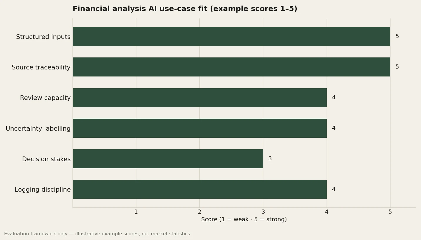 Bar chart of financial analysis AI use-case fit rubric axes scored one to five