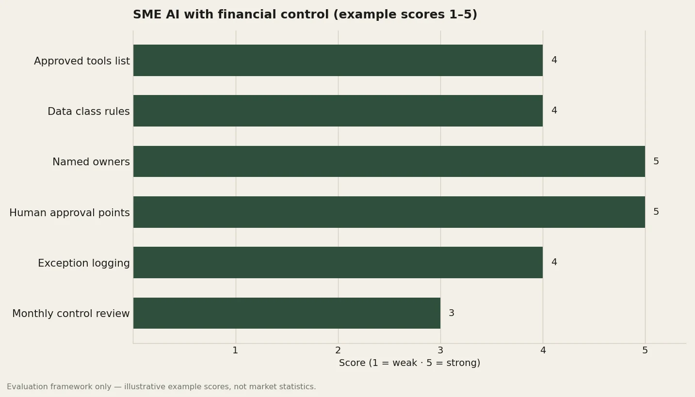 Bar chart of SME AI financial control readiness rubric axes scored one to five